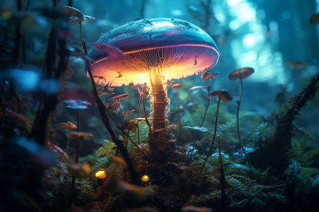 Beautiful magic mushroom in the dark forest. Selective focus.の素材