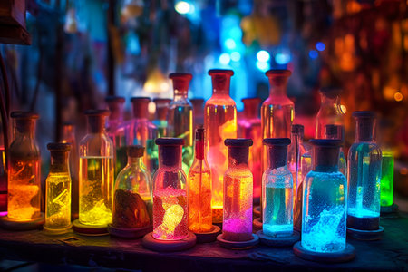 Magic potion bottles with colorful light inside at night. Bokeh background.の素材