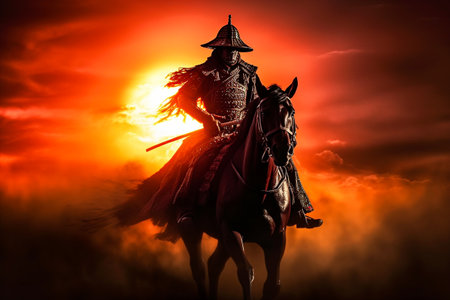 Silhouette of a fantasy warrior on horseback in the rays of the setting sunの素材