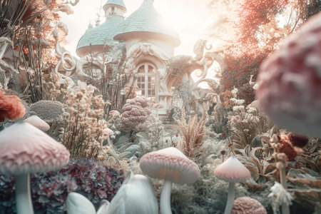 Fantasy fairy tale in the forest. Fairy tale castle with mushrooms.の素材