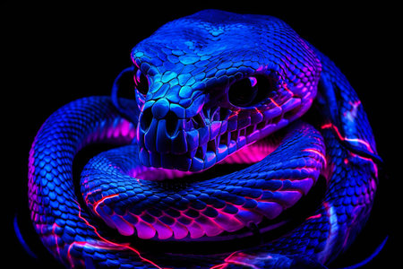 Close-up of snake in neon light on a black background.の素材
