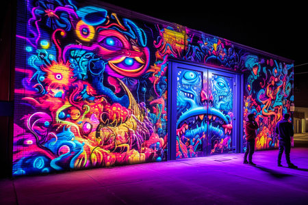 Colorful graffiti on the facade of a building at night in Bangkok, Thailand.の素材
