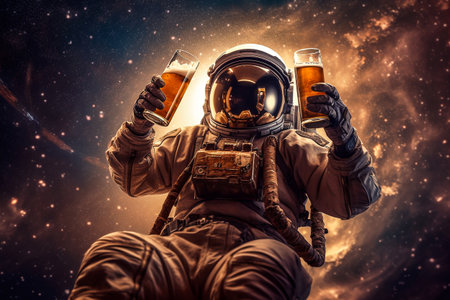 Astronaut with two glasses of beer on space background. mixed-mediaの素材