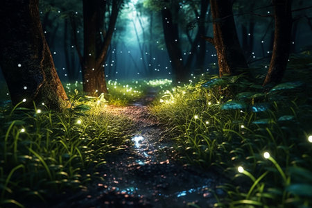 Pathway through the forest with glowing lights. Fairytale landscape.の素材