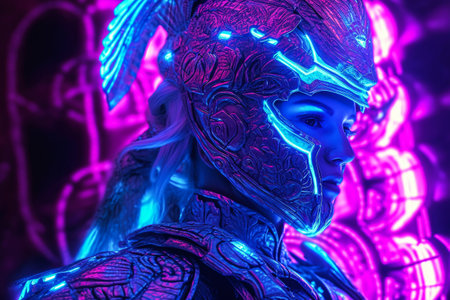 Cyborg woman in neon light. 3D illustration. Fantasy.の素材