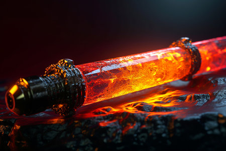 Vaping concept. Burning vape liquid in glass bottle on black backgroundの素材