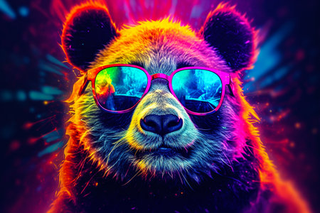 Portrait of a panda bear with sunglasses on a colorful background.の素材