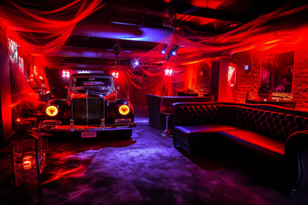 Luxury interior of a night club with red and black leather sofa and vintage carの素材