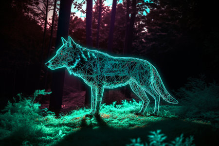 Silhouette of a wolf in the forest at night. 3d renderingの素材