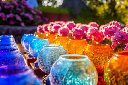 Colorful ceramic vases in the flower garden at sunset time.の素材