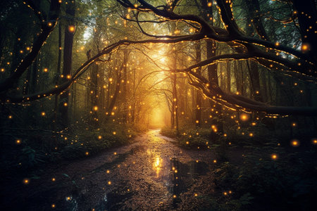 Mystical dark forest with fog and light rays. halloween conceptの素材
