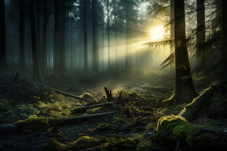 Mysterious dark forest with fog and sun rays. HDR pictureの素材