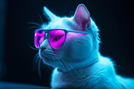Beautiful white cat with pink sunglasses on a black background. Blue tonedの素材