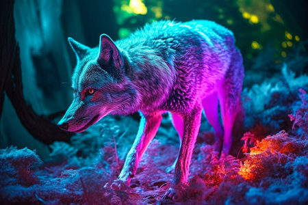 Cute fox in the forest at night with neon light. Wildlife scene.の素材
