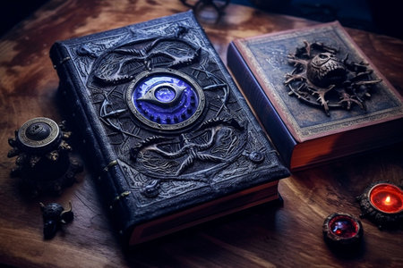 Vintage magic book on a wooden table. Witchcraft concept.の素材