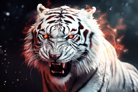 Portrait of a white tiger with a red flame in the background.の素材