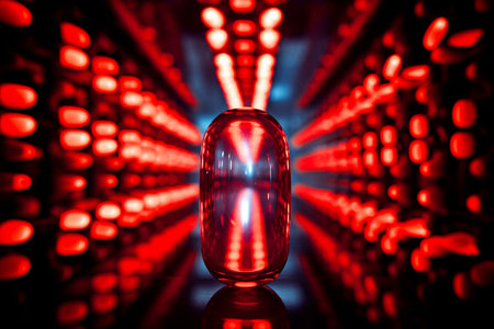 3d illustration of a red glass bottle with a red light insideの素材