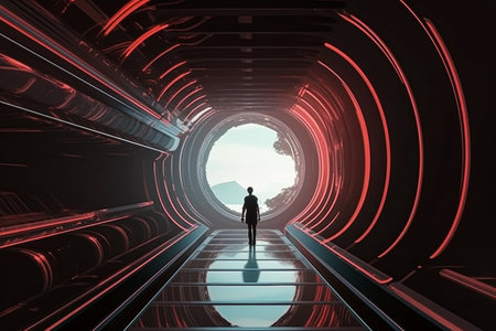 Futuristic hallway with a silhouette of a man in front of it. 3d renderingの素材