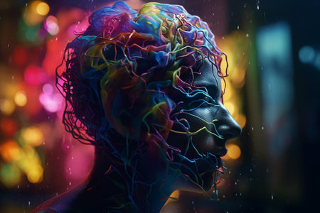 Artistic portrait of a woman with multicolored hair on her headの素材