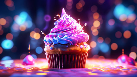 Birthday cupcake with colorful buttercream frosting and candles on bokeh backgroundの素材