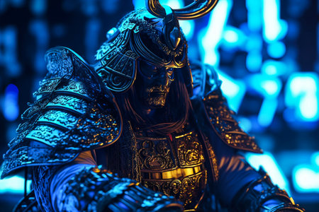 Kung fu master in the armor of a samurai. Close up.の素材