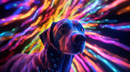 Labrador Retriever dog portrait on black background with colorful lightsの素材