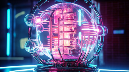 3d rendering of a light bulb in a dark room with neon lightsの素材