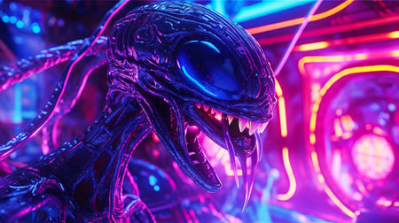 3D rendering of a fantasy alien creature in neon light. 3D illustration.の素材