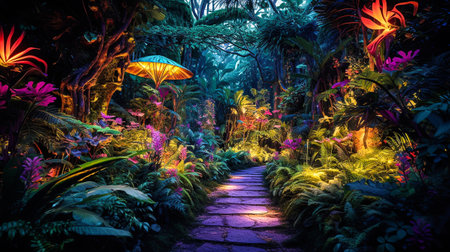 Tropical garden at night with neon lights. Nature background.の素材