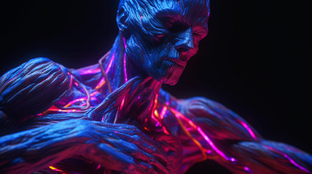 Futuristic female figure with neon lights on a black background.の素材