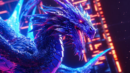 3D rendering of a fantasy dragon with neon lights in the backgroundの素材