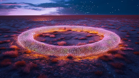 3D illustration of a circle in the middle of the desert.の素材
