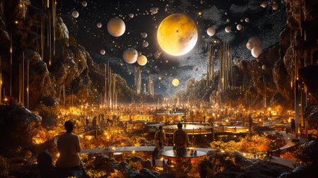 Fantasy landscape with moon and stars in the sky. mixed-mediaの素材