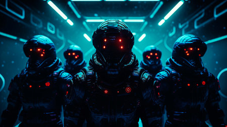 Group of futuristic robots with glowing lights on background. 3D rendering.の素材