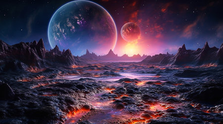 Fantasy alien planet. Mountain and nebula. 3d illustrationの素材