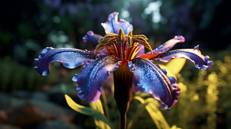 Beautiful purple iris flower with raindrops on petals.の素材