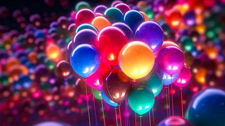 Bunch of colorful balloons on a dark background. 3d renderingの素材