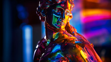Close-up of the face of a beautiful woman in neon lightの素材
