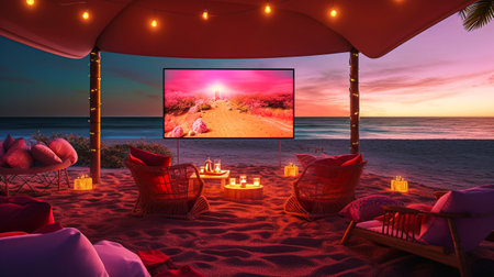 Illustration of a beach with a view of the sea at sunsetの素材