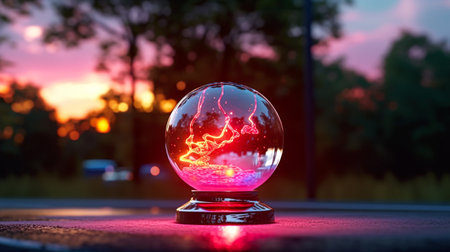 crystal ball on the road in the evening with colorful sky backgroundの素材