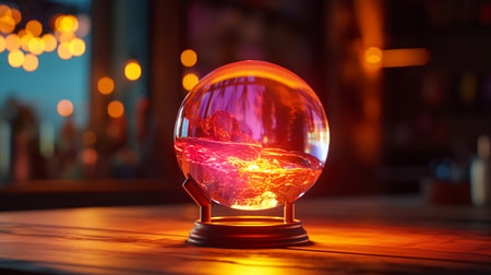 Magic crystal ball with fire inside on a wooden table in a barの素材