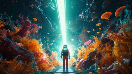3d illustration of a woman in front of an underwater tunnel with coralsの素材