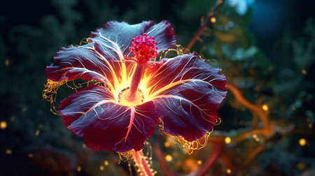 Hibiscus flower in neon light. 3D rendering.の素材