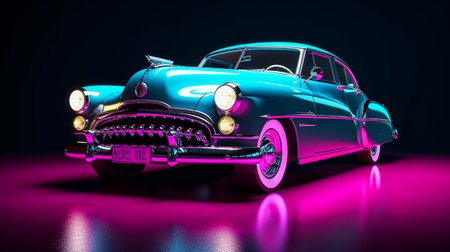 3D rendering of a classic car in neon light on a dark backgroundの素材