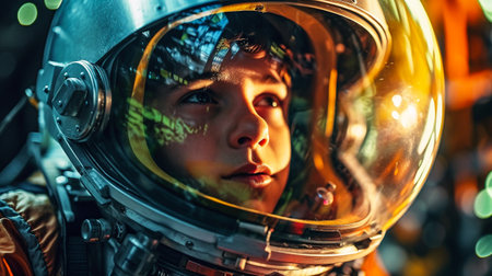 Portrait of a beautiful girl cosmonaut in an astronaut helmet.の素材
