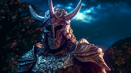 Samurai warrior in the forest at night. 3D rendering.の素材