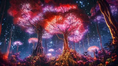 Beautiful fantasy landscape with magic tree and starry sky. 3d renderingの素材