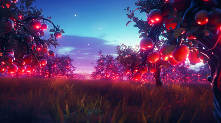 Fantasy landscape with apple orchard. 3d render illustration.の素材