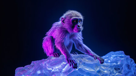 Monkey on ice in blue and purple light. Studio shot.の素材