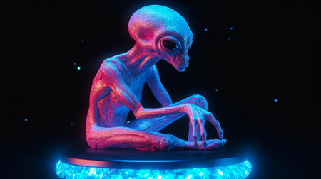 3d rendering of an alien in neon light on a black backgroundの素材